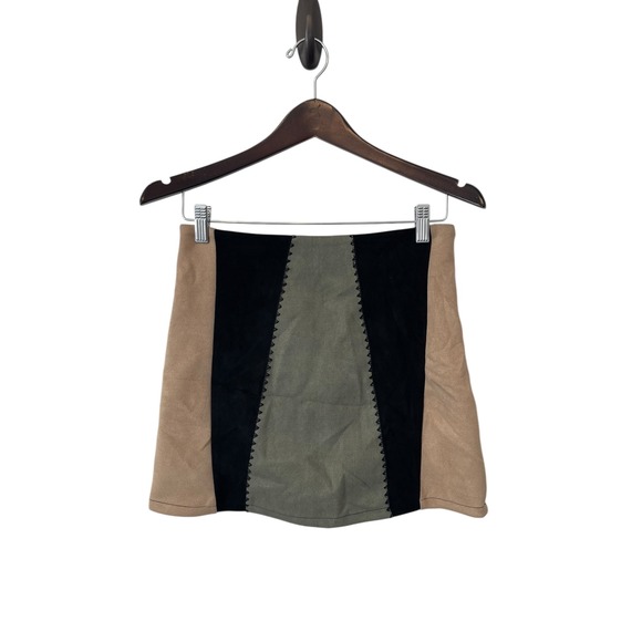 She + Sky Mini Skirt S faux suede Color Block Patchwork Suede boho hippie Y2K - Picture 1 of 6